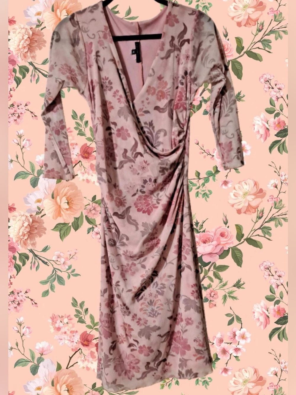 Vintage Weston Wear Dusty Pink Floral Faux Wrap Midi Dress